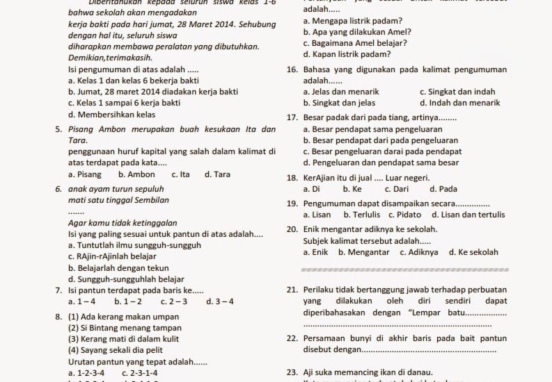soal bahasa indonesia kelas 4 semester 2 dan kunci jawaban