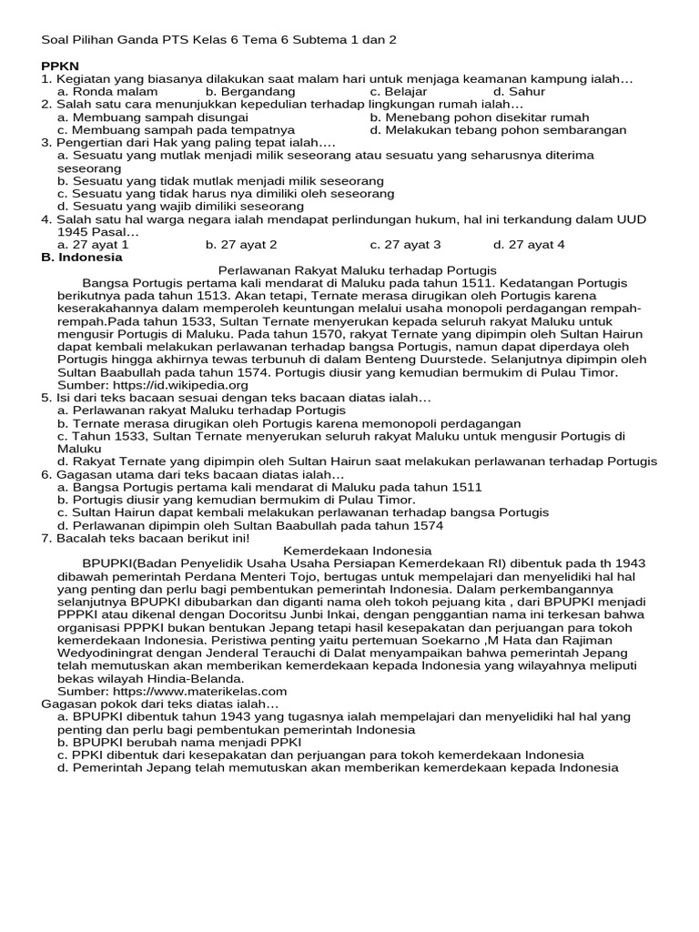 Soal Pilihan Ganda PTS Kelas 6 Tema 6 Subtema 1 Dan 2 PDF Soal Pilihan Ganda PTS Kelas 6 Tema 6 Subtema 1 Dan 2 PDF