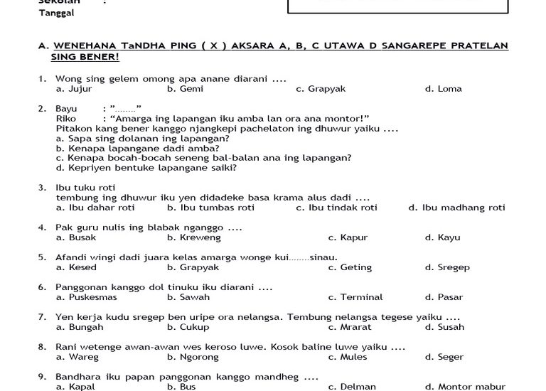 5 Contoh Soal UAS Kelas 4 Bahasa Jawa Paling Sering Keluar, Wajib Tahu Sebelum Terlambat