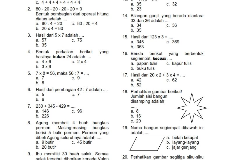 7 Contoh Soal UAS Kelas 4 SD Kurikulum 2013 Tahun 2018 yang Sering Muncul