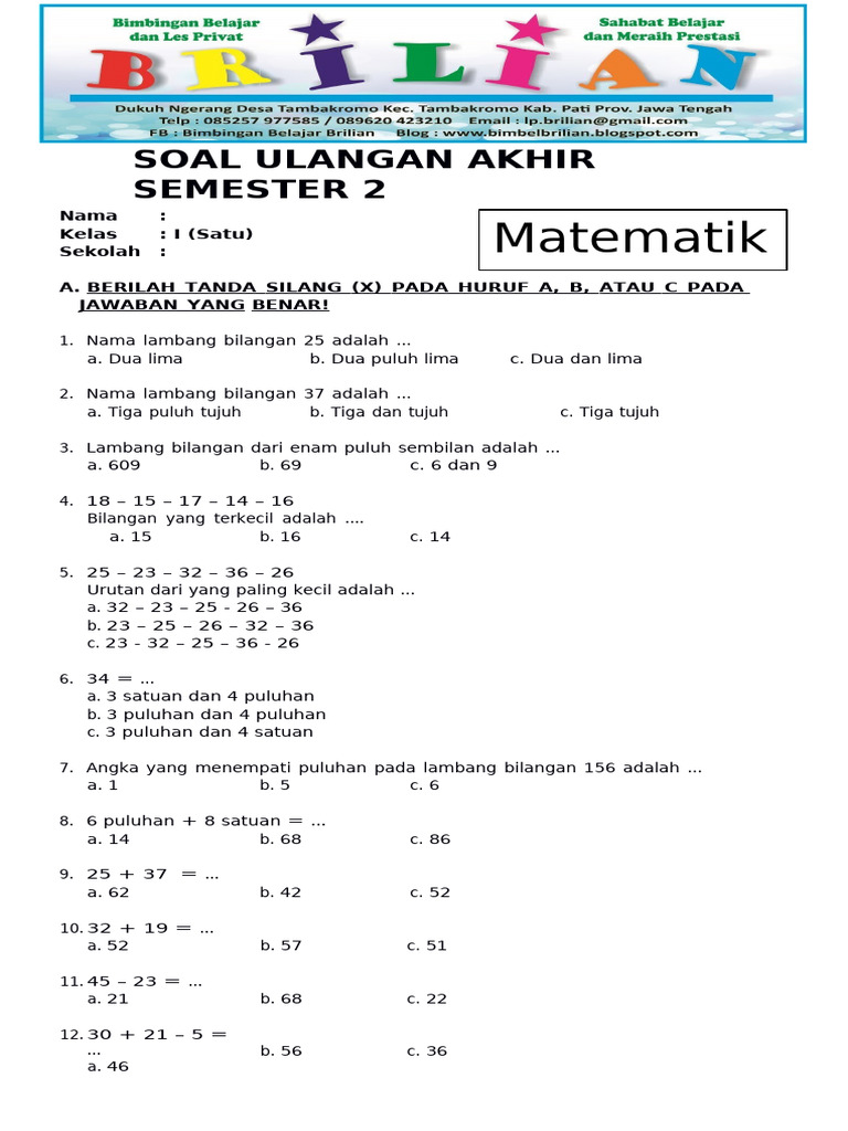7 Contoh Soal UAS Matematika Kelas 1 Semester 2 Ternyata Mudah Dikerjakan dengan Trik Ini