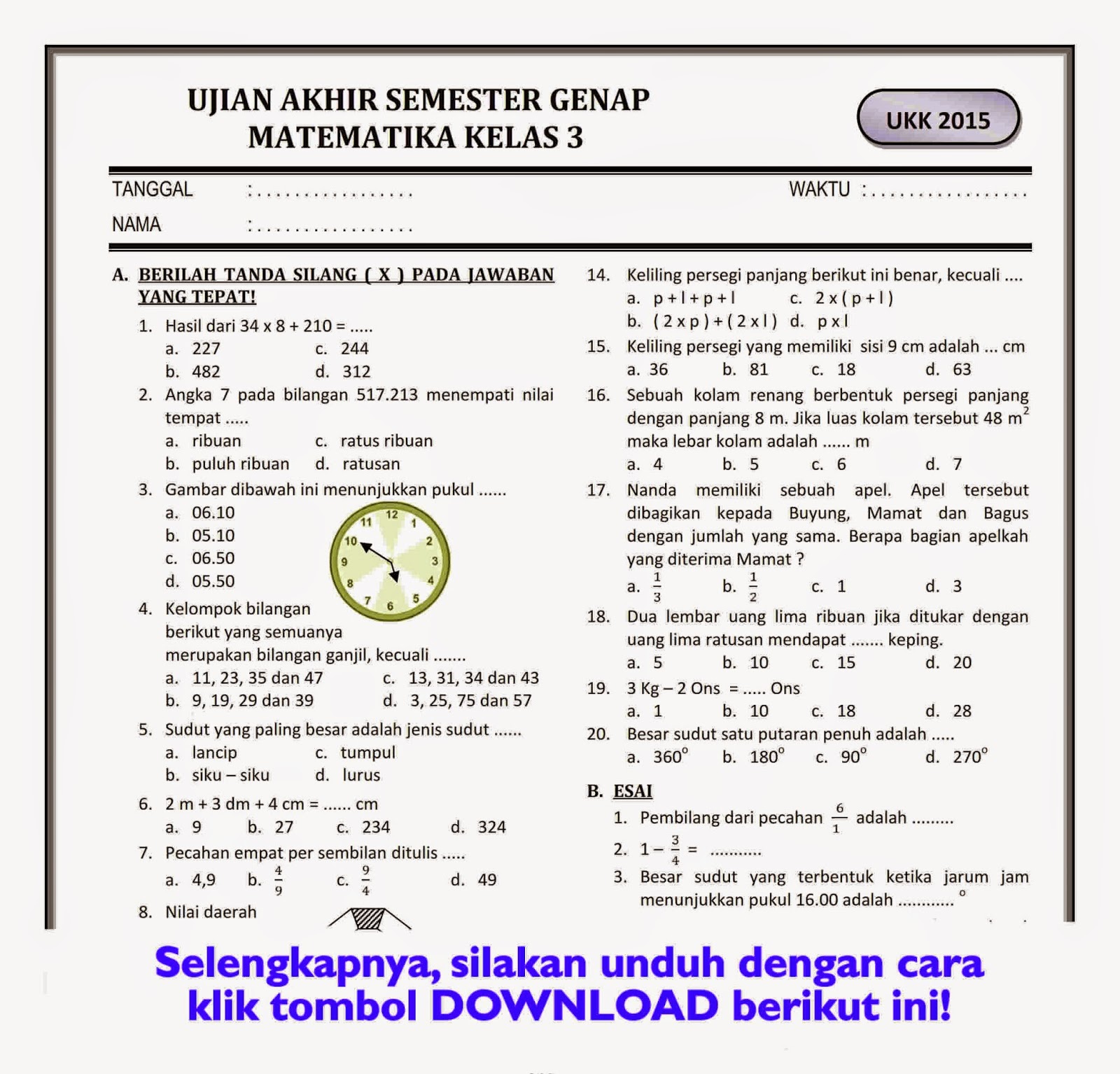 contoh soal dan jawaban matematika kelas 3 ukk semester 2 contoh soal dan jawaban matematika kelas 3 ukk semester 2