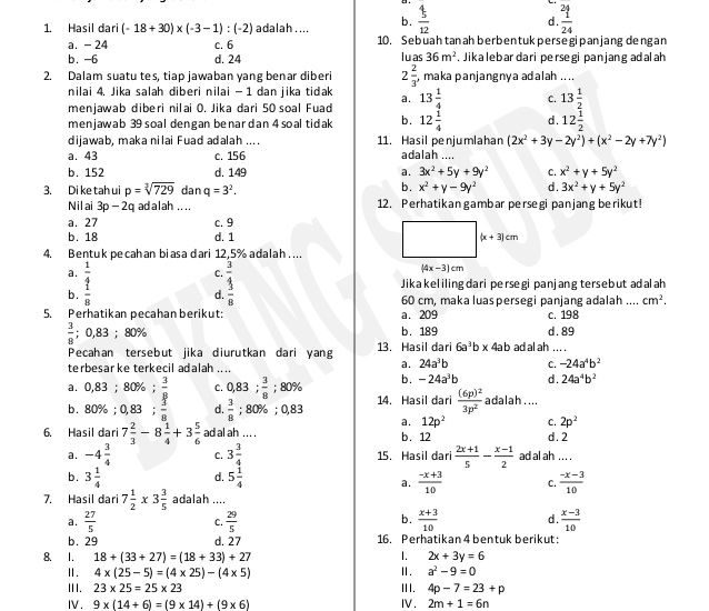 Jangan Sampai Salah Pilih Latihan, Ini Contoh Soal Matematika Kelas 7 Semester 2 dan Kunci Jawaban yang Sering Muncul