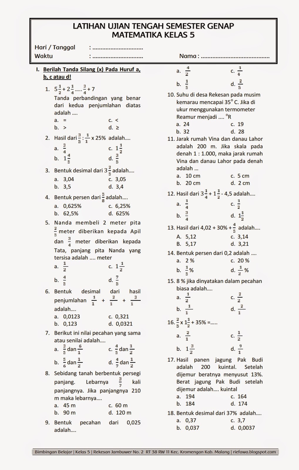 Soal Pas Kelas 5 Semester 2 Matematika - Perumperindo co id Soal Pas Kelas 5 Semester 2 Matematika - Perumperindo co id