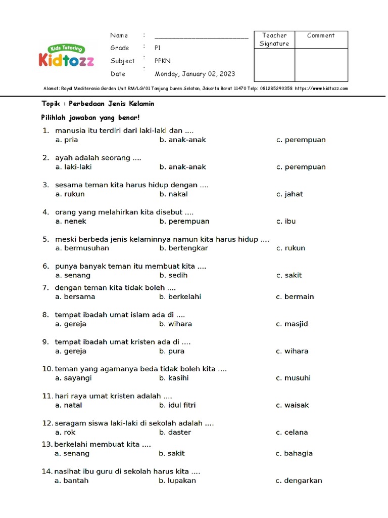 contoh soal tentang jenis kelamin kelas 2 sd