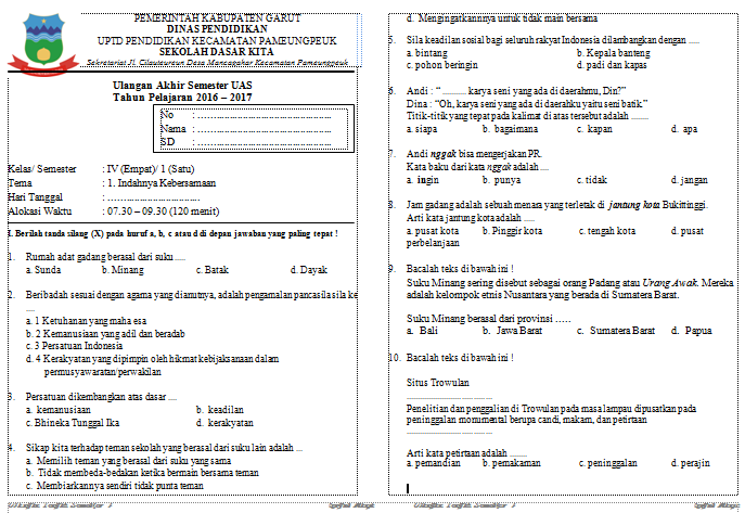 contoh soal uas kelas 4 sd semester 1 kurikulum 2013
